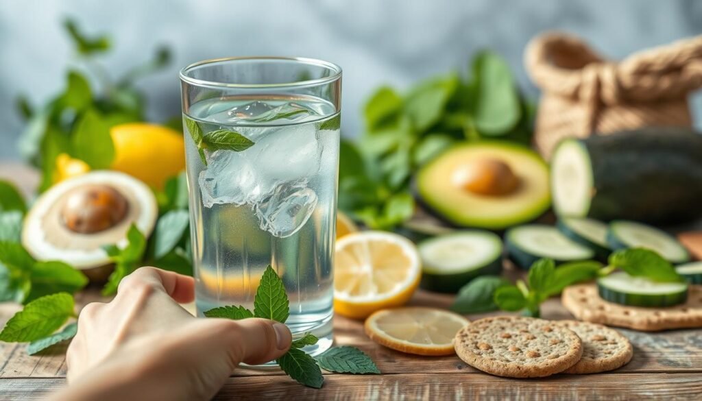 A glass of crystal clear water surrounded by vibrant green leaves, slices of lemon, and a sprig of fresh mint on a rustic wooden table. The lighting is soft and diffused, creating a serene, spa-like atmosphere. In the foreground, a hand gently grasps the glass, hinting at the importance of proper hydration for digestive health. The mid-ground features various whole foods known for their gut-soothing properties, such as avocado, cucumber, and whole grain crackers. The background is blurred, allowing the focal point of the image to be the water and its restorative properties. The overall mood is calming, refreshing, and emphasizes the natural, holistic approach to maintaining a healthy digestive system.