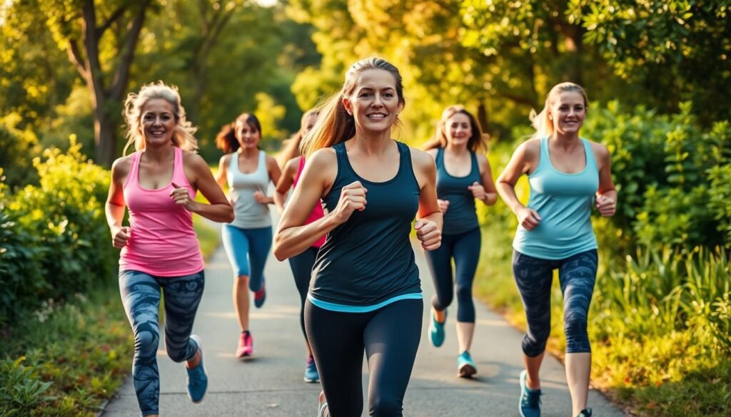 A group of fit women in their 30s and 40s, dressed in comfortable workout attire, engaged in interval walking or walk-jog sessions on a scenic pathway surrounded by lush greenery. Warm, natural lighting illuminates their determined expressions as they alternate between brisk walking and light jogging, creating a visual representation of a fat-burning, calorie-torching workout. The camera captures the scene from a mid-level angle, showcasing the women's movements and the beautiful natural setting that inspires and motivates their fitness journey. A group of fit women in their 30s and 40s, dressed in comfortable workout attire, engaged in interval walking or walk-jog sessions on a scenic pathway surrounded by lush greenery. Warm, natural lighting illuminates their determined expressions as they alternate between brisk walking and light jogging, creating a visual representation of a fat-burning, calorie-torching workout. The camera captures the scene from a mid-level angle, showcasing the women's movements and the beautiful natural setting that inspires and motivates their fitness journey.