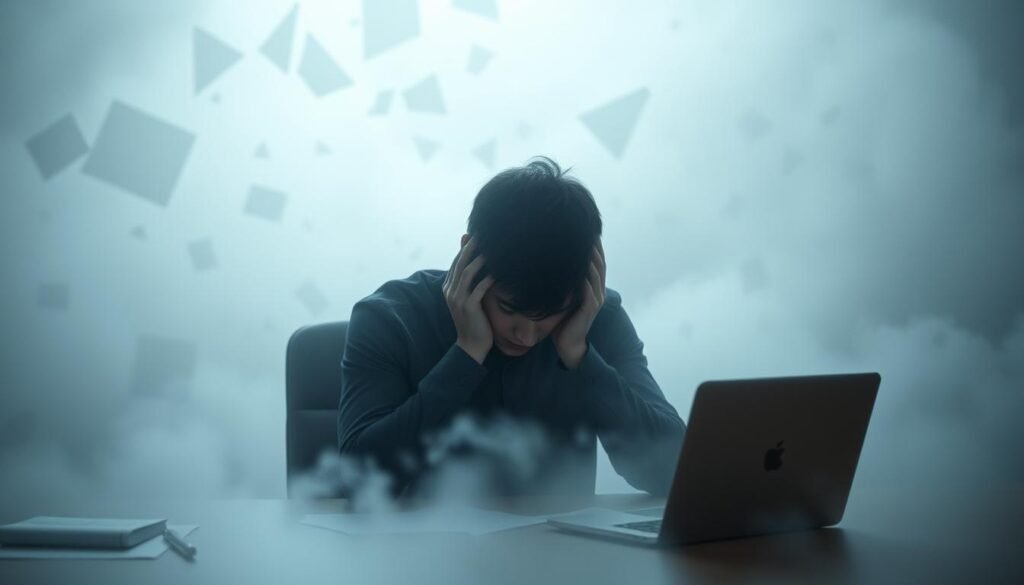 A hazy, dreamlike scene depicting the impact of brain fog on daily cognitive function. In the foreground, a person sits at a desk, head in hands, struggling to focus amid a swirling, opaque mist. The middle ground reveals fragmented, blurred memories and thoughts, like shattered mirrors reflecting disjointed recollections. The background is obscured, symbolizing the difficulty in forming clear, cohesive ideas. Soft, diffused lighting casts a melancholic, introspective atmosphere, emphasizing the mental fatigue and disorientation of brain fog. Captured with a shallow depth of field, drawing the viewer's attention to the central figure's pensive expression.