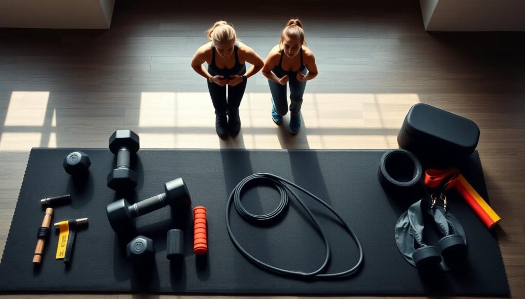 A high-contrast, well-lit overhead shot of an intermediate bodyweight circuit with cardio bursts. The foreground features a black exercise mat with various free weights, resistance bands, and a jump rope arranged neatly. In the middle ground, a pair of athletic women in full-coverage workout attire perform squats and lunges, their faces determined. The background is blurred, creating a sense of focus on the fitness equipment and exercisers. The lighting is natural, coming from an overhead source, casting long shadows and highlighting the textures of the materials. The overall mood is one of challenge and accomplishment, inviting the viewer to join in the intermediate-level circuit workout. A high-contrast, well-lit overhead shot of an intermediate bodyweight circuit with cardio bursts. The foreground features a black exercise mat with various free weights, resistance bands, and a jump rope arranged neatly. In the middle ground, a pair of athletic women in full-coverage workout attire perform squats and lunges, their faces determined. The background is blurred, creating a sense of focus on the fitness equipment and exercisers. The lighting is natural, coming from an overhead source, casting long shadows and highlighting the textures of the materials. The overall mood is one of challenge and accomplishment, inviting the viewer to join in the intermediate-level circuit workout.