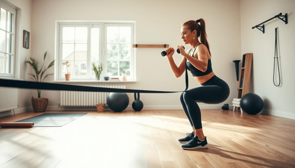 A high-intensity metabolic circuit workout in a bright, airy home gym. In the foreground, a woman in full-length workout attire performs a weighted squat, her muscles engaged. In the middle ground, a weighted resistance band is stretched across the frame, adding another dynamic element to the scene. The background features minimalist home gym equipment like a yoga mat, exercise ball, and wall-mounted pull-up bar, all bathed in warm, natural lighting from large windows. The overall atmosphere conveys a sense of focus, energy, and empowerment. A high-intensity metabolic circuit workout in a bright, airy home gym. In the foreground, a woman in full-length workout attire performs a weighted squat, her muscles engaged. In the middle ground, a weighted resistance band is stretched across the frame, adding another dynamic element to the scene. The background features minimalist home gym equipment like a yoga mat, exercise ball, and wall-mounted pull-up bar, all bathed in warm, natural lighting from large windows. The overall atmosphere conveys a sense of focus, energy, and empowerment.