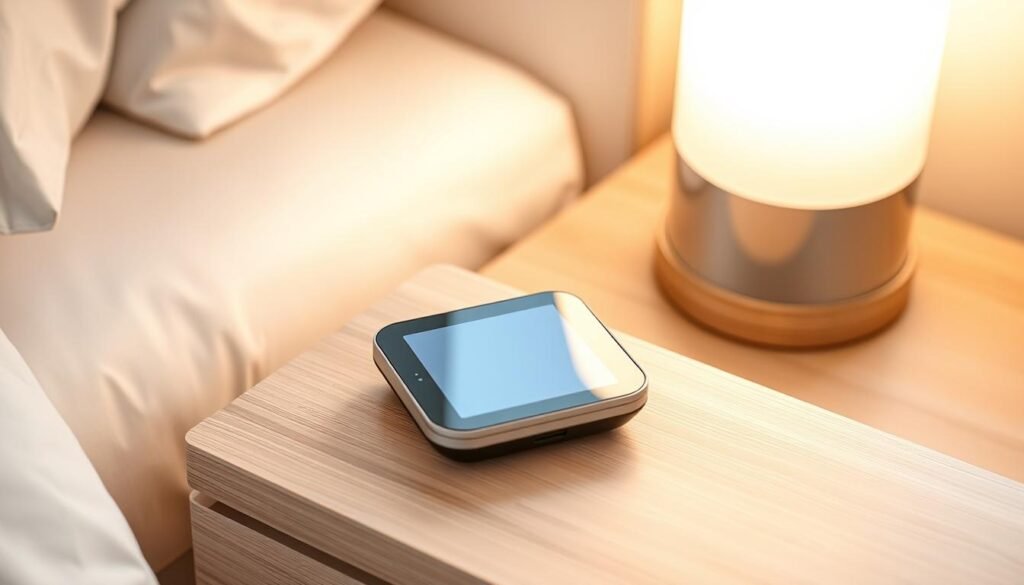A high-quality sleep tracker device resting on a minimalist, light-colored bedside table. The tracker has a simple, elegant design with a sleek touchscreen display and subtle indicator lights. The tabletop is made of natural wood or stone, creating a calming, spa-like atmosphere. Warm, diffused lighting from a nearby lamp casts a soft glow, highlighting the tracker's clean lines and premium materials. The overall scene conveys a sense of comfort, relaxation, and purposeful simplicity, perfectly suited for a midlife woman's nightstand.