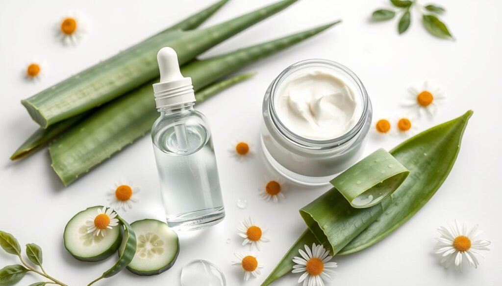 A high-resolution close-up image of various hydrating skin care ingredients artfully arranged on a white backdrop, with soft, diffused lighting creating a serene and inviting atmosphere. Prominently featured are a glass dropper bottle filled with a clear hydrating serum, a jar of creamy moisturizer, and a cluster of fresh aloe vera leaves. Surrounding these are smaller elements like cucumber slices, chamomile flowers, and droplets of pure water, all united by a cohesive, natural color palette. The composition emphasizes the purity, efficacy, and synergistic nature of these nourishing ingredients for revitalizing mature skin.