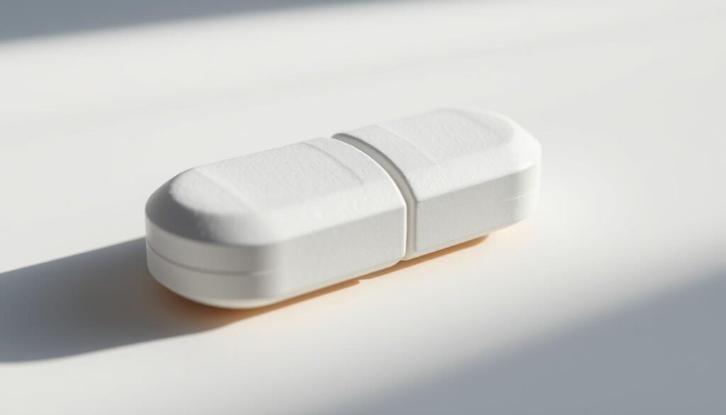 A high-resolution, photorealistic image of a close-up view of a calcium supplement tablet, illuminated by soft, natural lighting from the side. The tablet is positioned on a clean, white surface, casting a subtle shadow. The tablet's surface is textured, with visible grooves and ridges, conveying a sense of the tablet's structure and composition. The background is slightly blurred, allowing the tablet to be the focal point. The overall scene has a calming, minimalist aesthetic, emphasizing the importance of calcium for bone health.