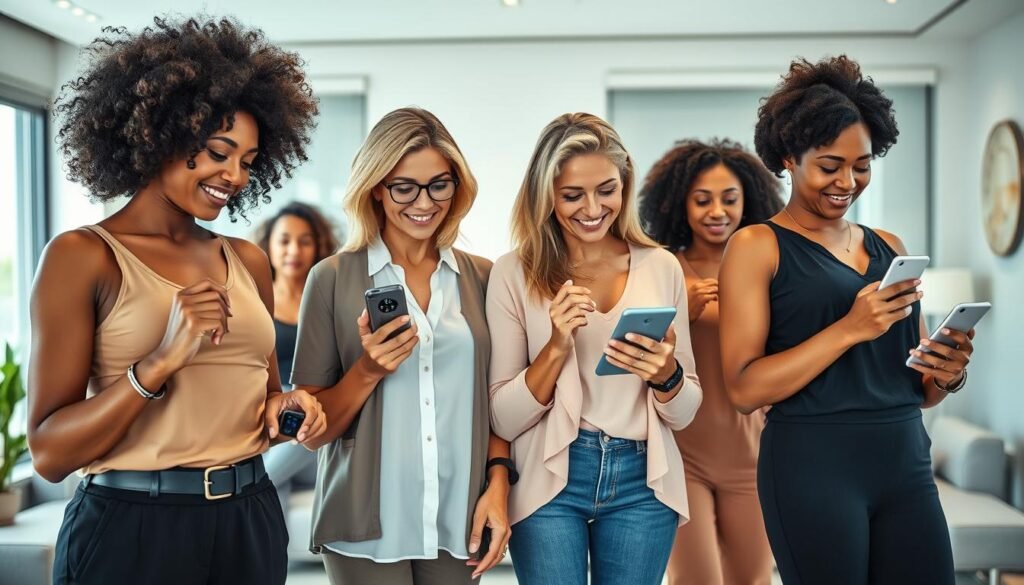 A high-resolution, photorealistic image of a diverse group of women using various wellness technology devices such as fitness trackers, smart scales, and sleep monitoring apps. The women are in a modern, well-lit office or home setting, with a clean, minimalist aesthetic. The foreground showcases the women interacting with the devices, while the background features sleek, modern furniture and decor that complements the wellness theme. The overall mood is one of empowerment, health, and technology-driven self-care for women over 35.