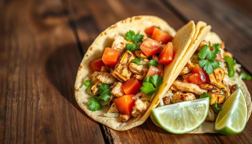 A low-angle close-up shot of two freshly grilled chicken tacos on a rustic wooden surface. The tacos are overflowing with juicy shredded chicken, diced tomatoes, shredded lettuce, and a generous squeeze of fresh lime. The vibrant green of the cilantro and the golden-brown char on the corn tortillas create a visually appetizing contrast. Soft natural lighting casts gentle shadows, emphasizing the textural details. The overall mood is warm, inviting, and evocative of a home-cooked, low-FODMAP Mexican feast.