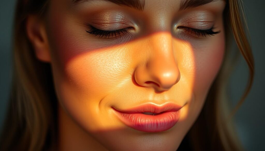A luminous close-up of a woman's radiant, hydrated skin. Soft, even lighting illuminates her complexion, highlighting the healthy glow and supple texture. Minute details are visible, from the refined pores to the subtle sheen of moisture. The image conveys a sense of tranquility and well-being, inviting the viewer to imagine the soothing sensation of nourished, rejuvenated skin. The composition focuses tightly on the face, creating an intimate, almost meditative atmosphere. Subtle warm tones and a slightly hazy, ethereal quality enhance the serene, rejuvenating mood.