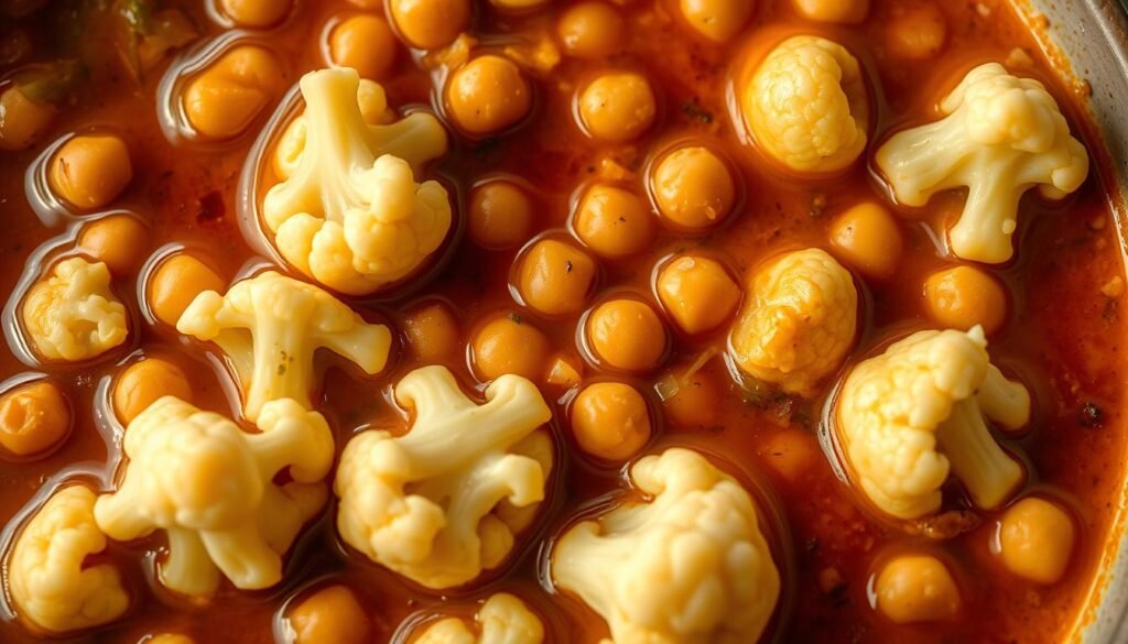 A lush, cozy close-up of a hearty chickpea and cauliflower stew, bathed in warm, golden lighting. Florets of tender, creamy white cauliflower float in a rich, fragrant broth, alongside plump, protein-packed chickpeas. The scene is framed by a rustic wooden table, hinting at a comforting, homemade meal. The composition creates an inviting, fiber-rich scene, perfect for a satisfying, gut-friendly dinner on a chilly evening.