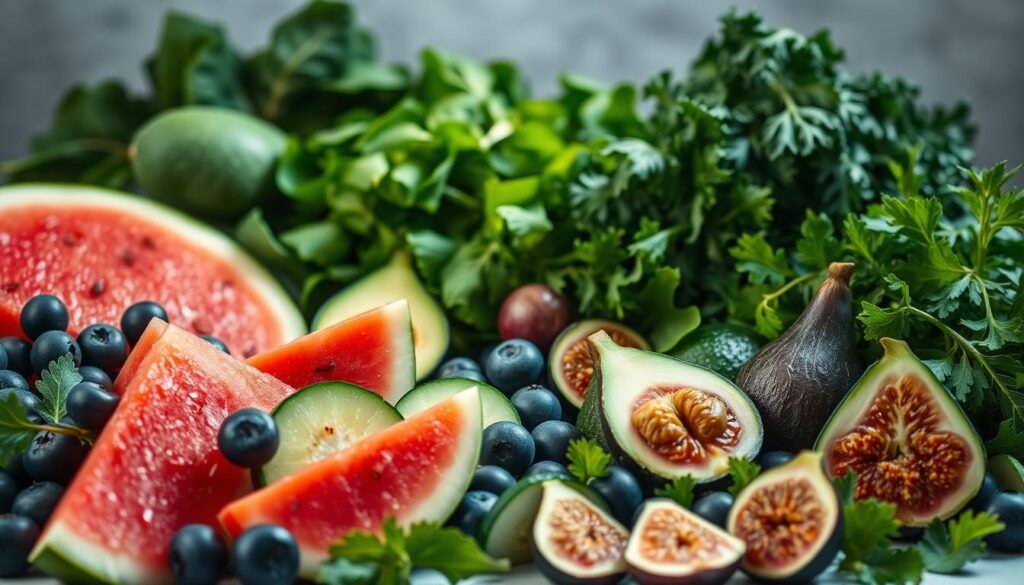 A lush, vibrant still life showcasing an array of hydrating foods for women over 35. In the foreground, a selection of juicy watermelon slices, glistening with moisture, alongside plump blueberries and crisp cucumber spears. In the middle ground, a scattering of avocado halves, their creamy green flesh exposed, complemented by the soft purple hues of fresh figs. In the background, a cluster of leafy greens - spinach, kale, and arugula - their verdant tones lending a sense of nourishment and vitality. The lighting is soft and diffused, casting a gentle glow over the scene, evoking a soothing, rejuvenating atmosphere. Captured with a wide-angle lens, the composition emphasizes the abundance and diversity of these hydrating superfoods, inspiring women to embrace their restorative power.