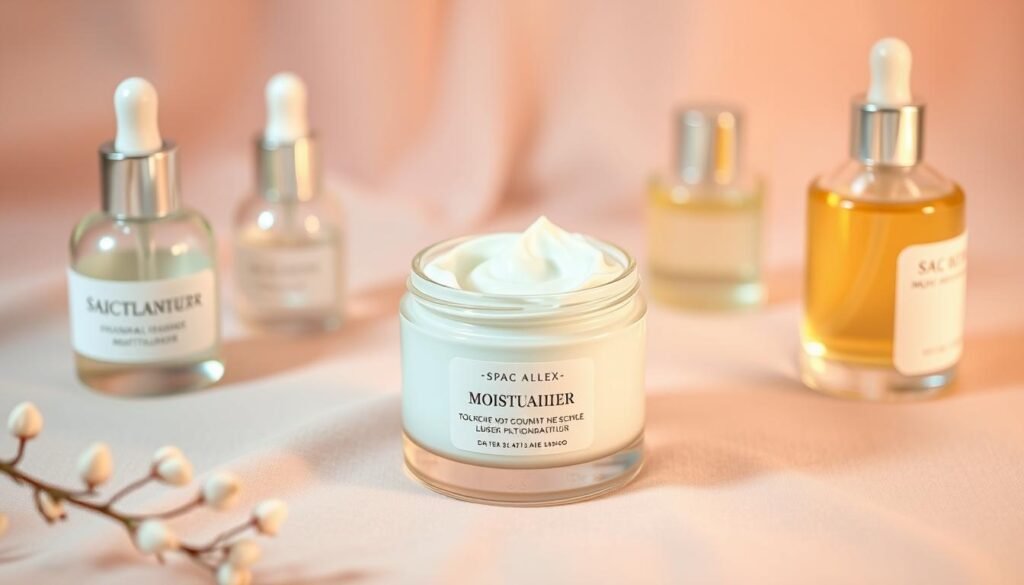 A luxuriously creamy moisturizer sits atop a soft, pastel-colored background. The jar's sleek design features a minimalist label, hinting at its natural, high-quality ingredients. Delicate glass bottles and tubes of serums and essences surround the hero product, creating a serene, spa-like atmosphere. Warm, diffused lighting casts a gentle glow, emphasizing the product's smooth, nourishing texture. The overall scene evokes a sense of tranquility and self-care, perfect for illustrating the importance of hydration in a midlife skincare routine.