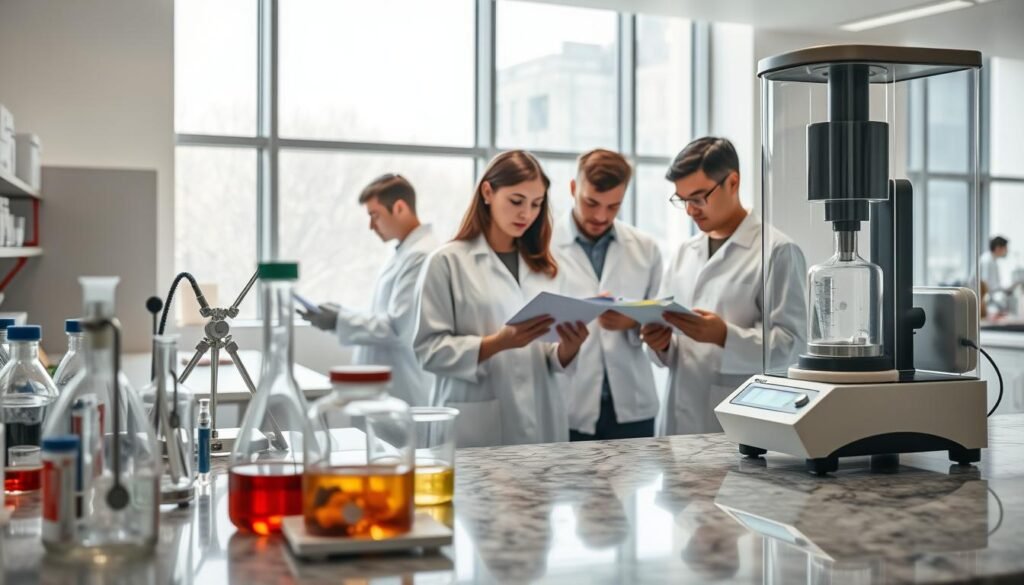A meticulously lit scene of a well-equipped laboratory workspace. In the foreground, various scientific instruments and equipment, including beakers, pipettes, and a high-precision analytical balance, neatly arranged on a spotless granite countertop. In the middle ground, a team of white-coated researchers diligently examining samples and recording data on their clipboards, their expressions focused and professional. The background features a floor-to-ceiling window, allowing natural light to flood the space and create a sense of openness and transparency. The overall atmosphere conveys a atmosphere of rigorous quality control, safety, and scientific integrity.