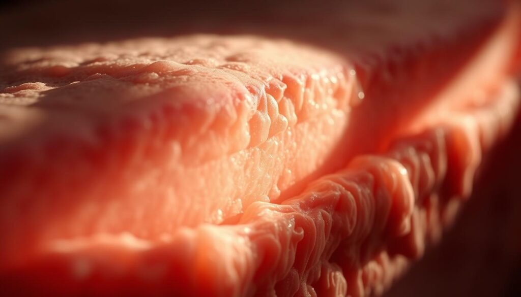 A microscopic close-up view of a healthy skin moisture barrier, featuring a network of tightly interlocked corneocytes surrounded by a lipid-rich matrix. The image is illuminated by soft, diffused lighting from the side, casting gentle shadows that accentuate the barrier's intricate structure. The focus is sharp, revealing the minute details of the barrier's resilient, protective layers. The color palette is muted, with earthy tones and a slightly matte finish, conveying the natural, functional nature of this vital skin component. The overall mood is one of scientific curiosity and appreciation for the skin's remarkable self-maintaining abilities.