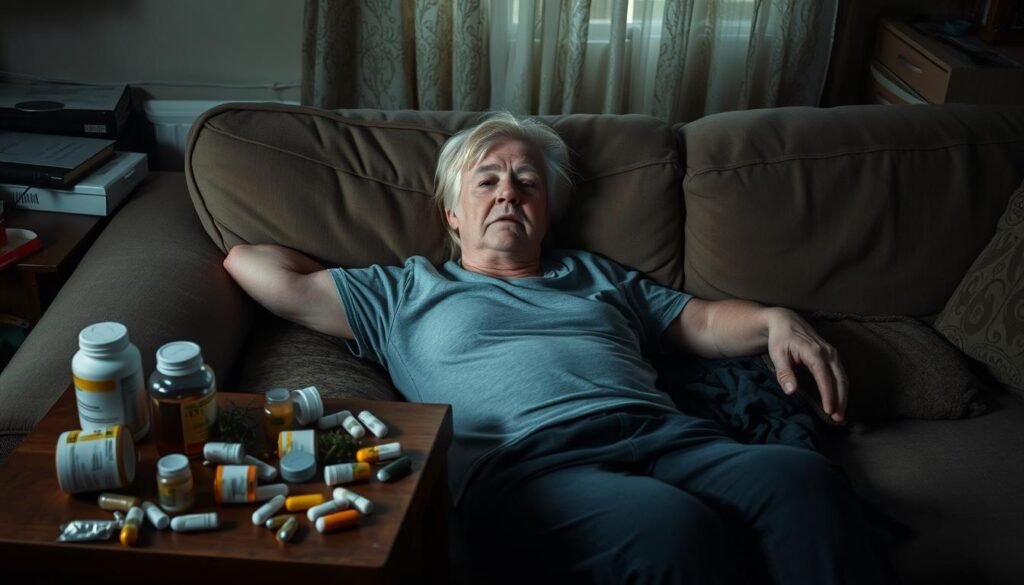 A middle-aged person lying on a couch, looking tired and overwhelmed, surrounded by a cluttered living room. The scene is dimly lit, casting long shadows that give a sense of unease. On a side table, a collection of various herbal supplements and medications are scattered, hinting at the potential side effects of self-medicating with hormone-influencing herbs. The person's expression conveys a sense of concern and hesitation, reflecting the need for caution when using these types of natural remedies. The overall atmosphere is one of disquiet and the potential consequences of not seeking proper medical advice.