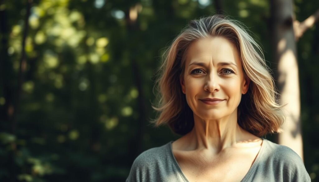 A middle-aged woman stands in a serene, sun-dappled forest, her expression conveying the emotional and physical changes of midlife. Her skin glows with a healthy radiance, while her hair flows in gentle waves, reflecting the natural rhythms of her body. In the middle ground, a subtle visualization of hormonal fluctuations and their impact on overall well-being is depicted through delicate, ethereal forms. The background is filled with lush, verdant foliage, symbolizing the resilience and adaptability inherent in this pivotal life stage. Soft, diffused lighting casts a warm, contemplative atmosphere, inviting the viewer to reflect on the transformative nature of midlife.