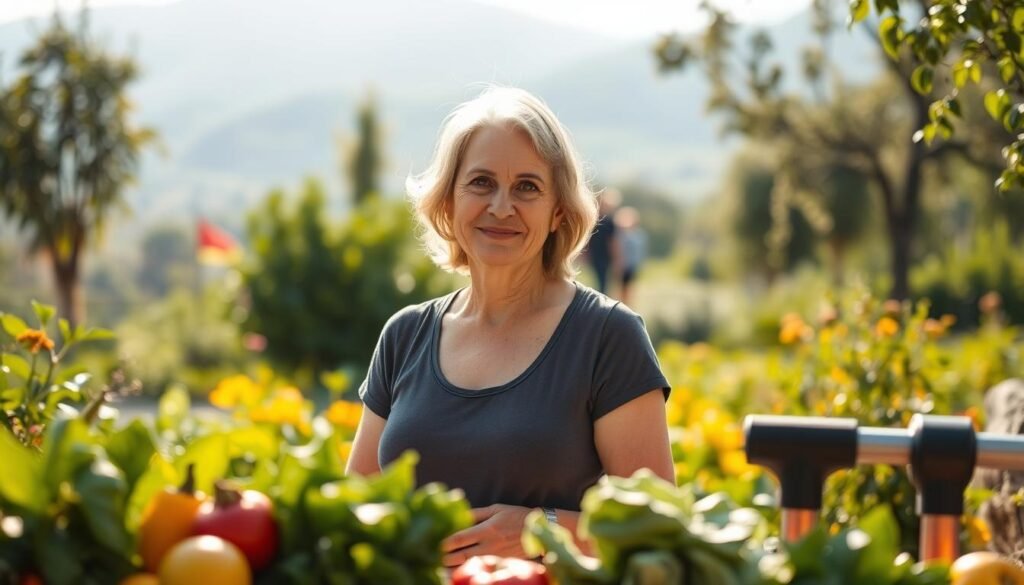 A middle-aged woman with a kind expression stands in a lush, sunlit garden, gazing thoughtfully at the camera. Her body language conveys a sense of balance and wellness. In the foreground, fresh produce and fitness equipment suggest a holistic approach to weight management and metabolism. The background features a serene, natural landscape, conveying a sense of tranquility and mindfulness. Soft, diffused lighting creates a warm, inviting atmosphere, emphasizing the subject's inner and outer well-being.