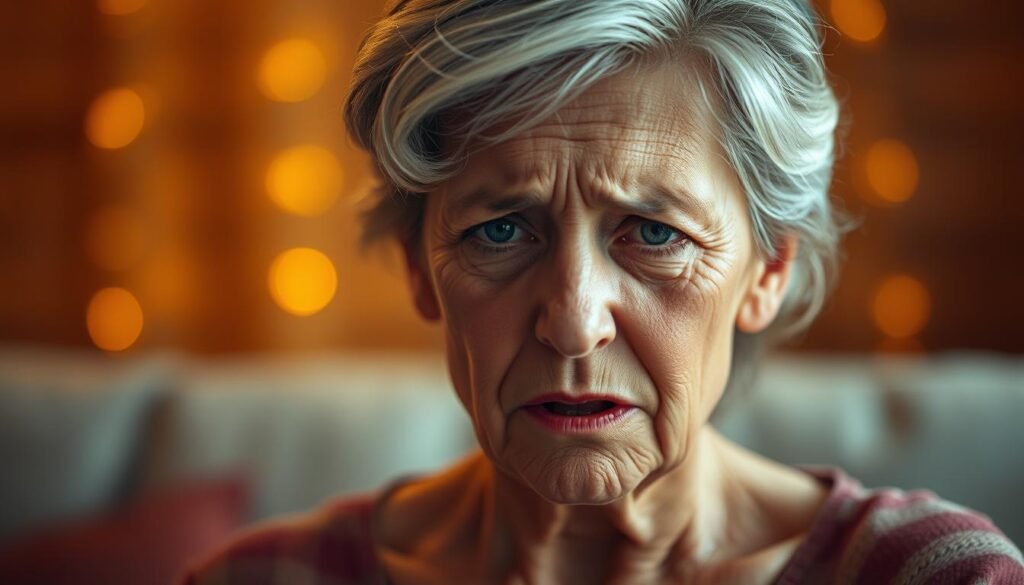 A middle-aged woman with flushed cheeks and beads of sweat on her forehead, experiencing a sudden wave of intense heat. The scene is bathed in warm, golden-hued lighting, casting a soft, ethereal glow. The woman's expression conveys a sense of discomfort and mild distress, yet there is also a hint of resilience in her gaze. The background is blurred, keeping the focus on the woman's face and upper body, emphasizing the physiological symptoms of the hot flash. The lens is set to a moderately shallow depth of field, creating a sense of intimacy and vulnerability.