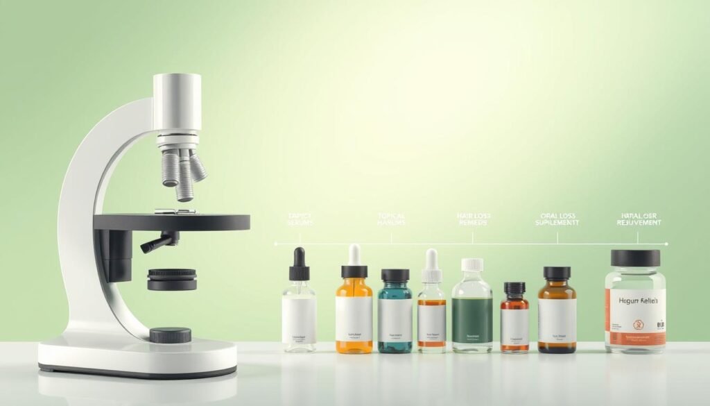A minimalist yet elegant medical illustration depicting various treatment paths for hair loss. In the foreground, a sleek microscope with a magnified view of hair follicles, symbolizing the role of dermatological analysis. The middle ground showcases a spectrum of hair loss remedies, from topical serums to oral supplements, each rendered with precise medical accuracy. The background features a soothing, soft-focus gradient in shades of green, conveying a sense of natural rejuvenation. The lighting is clean and directional, emphasizing the clinical yet holistic nature of the treatments. The overall composition balances scientific precision with an approachable, wellness-focused aesthetic.
