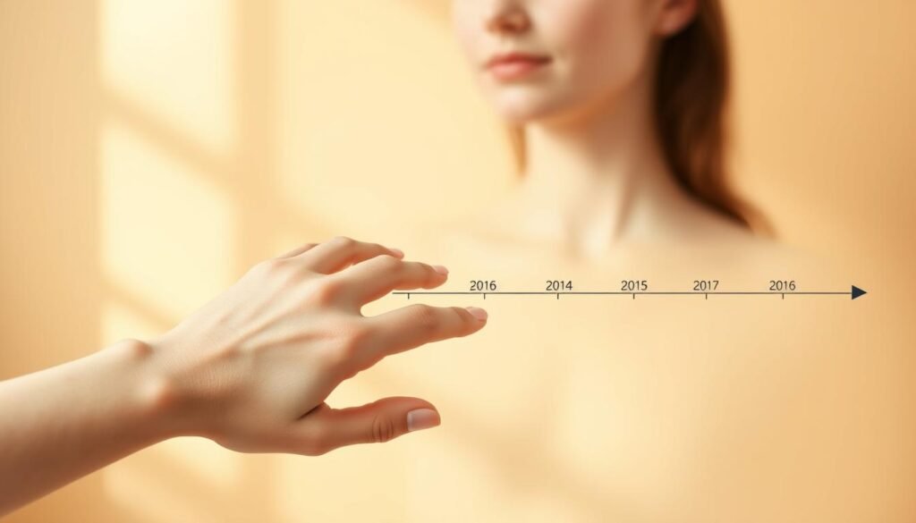 A natural-looking skin tone timeline, showcasing the gradual fading of dark spots over time. A serene, warm-toned backdrop sets the stage, with soft, diffused lighting illuminating the subject. The foreground features a woman's hand, with her wrist and palm displayed in a clean, minimalist composition. Each segment of the timeline depicts her skin's progression, from the initial appearance of dark spots to their eventual reduction, conveying a sense of hope and natural healing. The overall mood is calming and aspirational, inviting the viewer to imagine their own journey to a clearer, more radiant complexion.