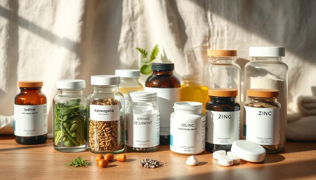 A neatly arranged still life scene of natural thyroid support supplements. In the foreground, glass bottles and jars filled with various herbs, vitamins, and minerals such as iodine, selenium, ashwagandha, and zinc. Placed on a wooden surface with a neutral-colored cloth backdrop. Soft, natural lighting from the side creates gentle shadows, highlighting the textures and colors of the supplements. The overall mood is calming and inviting, conveying a sense of wellness and natural health remedies.