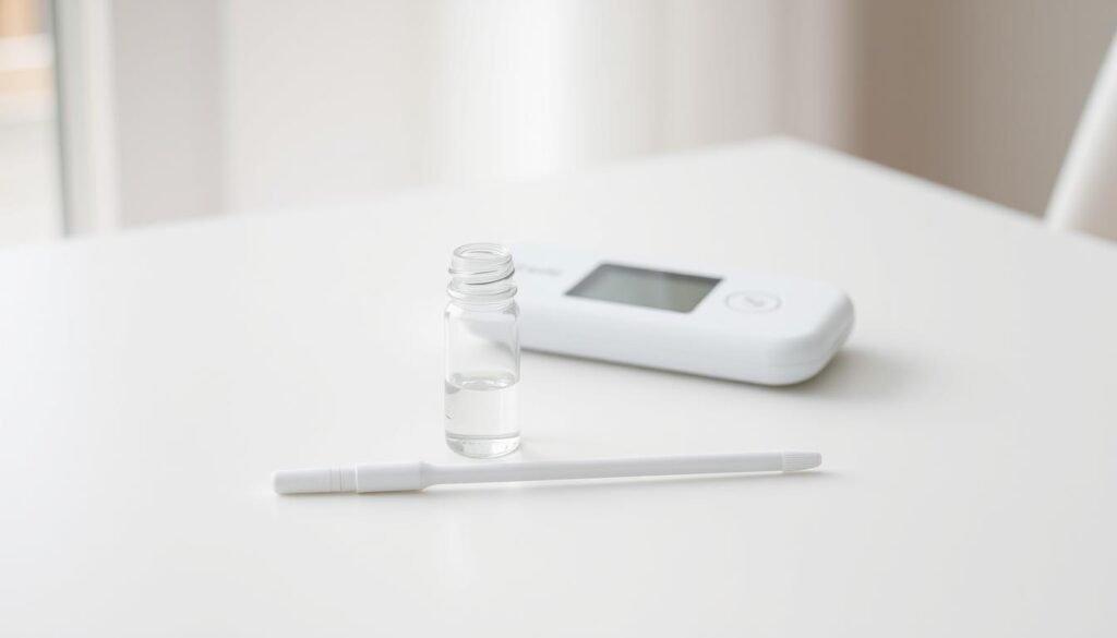 A neatly arranged tabletop scene showcasing the components of an at-home hormone test kit. In the foreground, a small glass vial filled with a clear liquid stands next to a clean white swab. Behind it, a slim, rectangular plastic device with a digital readout display rests on a crisp white background. Diffused, natural lighting from an unseen window casts a soft, even glow across the scene, highlighting the minimalist, clinical aesthetic. The overall mood is one of scientific precision and functionality, conveying how these kits enable users to easily and discreetly monitor their hormone levels from the comfort of their own homes.