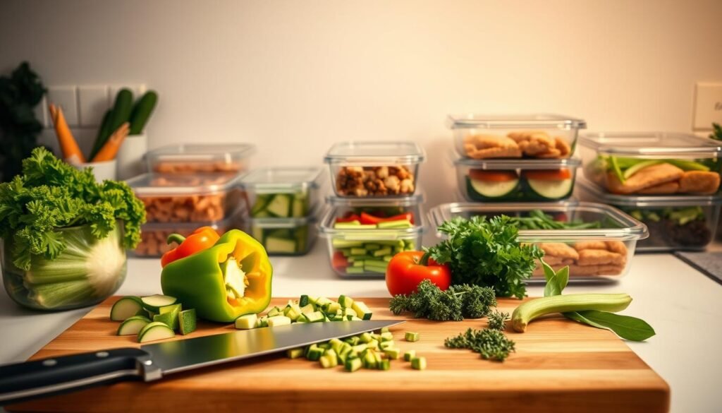 A neatly organized kitchen counter showcases an array of low-FODMAP ingredients - fresh vegetables, lean proteins, and carefully portioned containers. Soft, warm lighting illuminates the scene, creating a calming, nurturing atmosphere. In the foreground, a cutting board displays chopped bell peppers, zucchini, and a selection of herbs, while a high-quality chef's knife rests nearby. In the middle ground, several glass storage containers are filled with pre-prepped meals, their contents visible through the transparent lids. The background features a clean, minimalist backdrop, allowing the meal prep components to take center stage. The overall composition conveys a sense of organization, thoughtfulness, and a commitment to nourishing, gut-friendly eating.