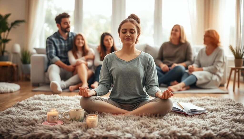 A peaceful, serene scene of a young woman engaging in self-care practices. In the foreground, she sits cross-legged on a plush, soft rug, eyes closed in meditation, her expression calm and focused. Surrounding her are various self-care items - a scented candle, a herbal tea cup, a journal and pen. The middle ground features several close friends or family members, offering support and encouragement, their body language open and nurturing. The background depicts a cozy, well-lit living room, with large windows letting in warm, natural light. The overall atmosphere is one of tranquility, comfort, and a strong support system.