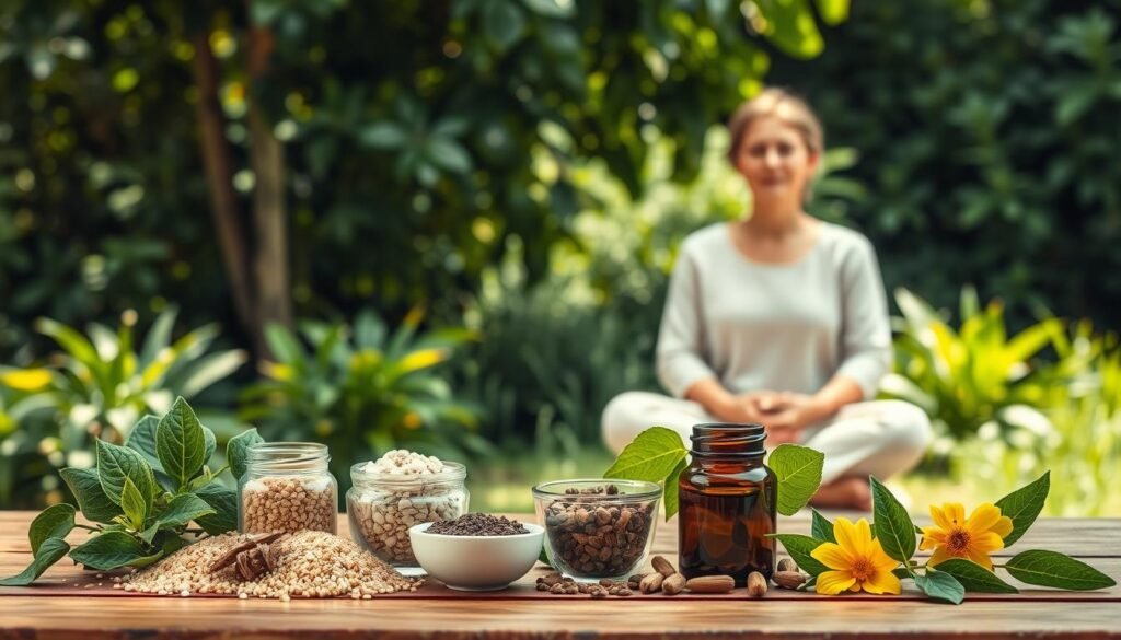 A serene and calming scene depicting various non-hormonal treatments for menopause symptoms. In the foreground, a collection of natural herbal remedies, such as black cohosh, soy, and St. John's Wort, are neatly arranged on a wooden table. In the middle ground, a woman in a comfortable, modest outfit sits cross-legged, meditating, her face reflecting a sense of inner peace and well-being. The background features a lush, verdant garden, with soothing natural lighting filtering through the leaves. The overall atmosphere conveys a holistic, non-invasive approach to managing menopausal discomforts.