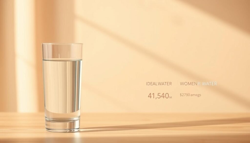 A serene and informative illustration of the recommended daily water intake for women, captured in a warm, natural light. In the foreground, a glass of clear water stands prominently, accompanied by a simple, minimalist infographic detailing the ideal amount of water women should consume daily. The middle ground features a tranquil, earthy-toned background, perhaps a wooden table or a soft textile, creating a calming, wellness-inspired atmosphere. The lighting is soft and diffused, casting gentle shadows and highlighting the purity of the water. The overall composition is clean, balanced, and intended to educate and inspire healthy hydration habits for women.