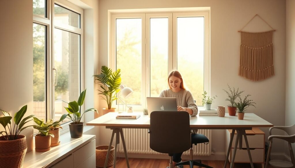 A serene and minimalist home office, bathed in warm natural light streaming through large windows. A woman in a cozy sweater and slacks sits at a clean, uncluttered desk, her attention focused on a laptop. Potted plants and a simple wall hanging create a soothing, distraction-free environment. The overall mood is one of tranquility and productivity, encouraging deep work and concentration. A soft, diffused lighting illuminates the scene, creating a sense of calm focus. The camera angle is slightly elevated, providing a bird's-eye view of the carefully curated workspace designed to foster productivity and minimize distractions.