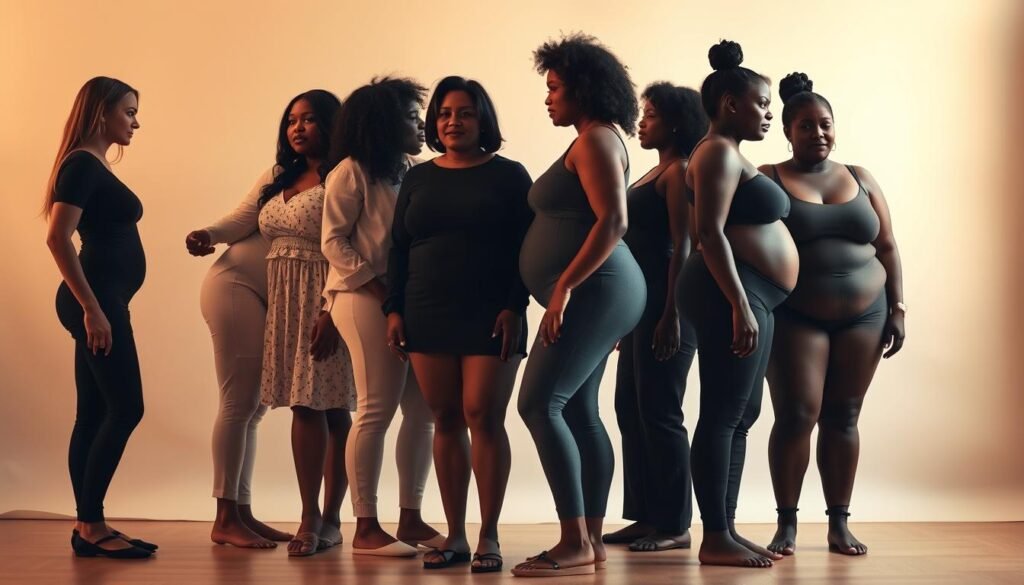 A serene and natural portrait of diverse female body shapes over 35, captured in warm, soft lighting. In the foreground, a variety of figures - tall and slender, curvy and voluptuous, petite and athletic - stand confidently, their faces obscured to focus on their silhouettes. The middle ground features a neutral, minimalist backdrop, allowing the subjects to take center stage. The overall atmosphere is one of empowerment, inclusivity, and a celebration of the beauty in diversity. The image is shot with a medium focal length lens, creating a sense of intimacy and connection between the viewer and the subjects. A serene and natural portrait of diverse female body shapes over 35, captured in warm, soft lighting. In the foreground, a variety of figures - tall and slender, curvy and voluptuous, petite and athletic - stand confidently, their faces obscured to focus on their silhouettes. The middle ground features a neutral, minimalist backdrop, allowing the subjects to take center stage. The overall atmosphere is one of empowerment, inclusivity, and a celebration of the beauty in diversity. The image is shot with a medium focal length lens, creating a sense of intimacy and connection between the viewer and the subjects.