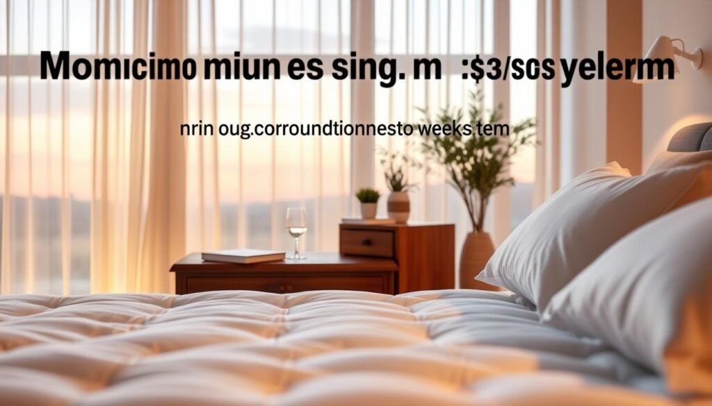 A serene bedroom scene, illuminated by soft, warm lighting. In the foreground, a plush, magnesium-infused mattress and pillows invite restful slumber. The middle ground features a wooden nightstand with a glass of water, a book, and a small potted plant, suggesting a calming, sleep-inducing atmosphere. In the background, sheer curtains gently sway, revealing a tranquil outdoor landscape beyond the window. The overall scene conveys a sense of relaxation and rejuvenation, perfectly capturing the restorative power of magnesium for a woman's sleep system.