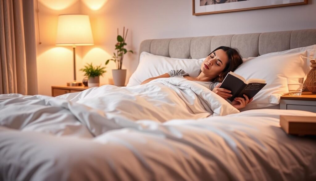 A serene bedroom setting, bathed in soft, warm lighting from a bedside lamp. In the foreground, a cozy, inviting bed with plush, crisp white bedding and a fluffy duvet. A woman, wearing modest sleepwear, rests peacefully, her expression calm and rejuvenated. The middle ground features a nightstand with a glass of water and a book, symbolizing the importance of hydration and mental stimulation for restorative sleep. In the background, subtle details like a potted plant and a framed artwork create a soothing, tranquil atmosphere, conveying the significance of a well-designed sleep environment for stress reduction.
