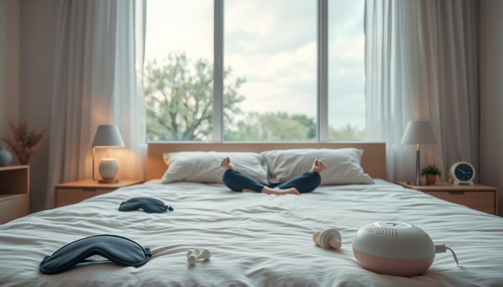 A serene bedroom setting, filled with soft lighting and calming colors. In the foreground, a person sits cross-legged on a plush, comfortable bed, eyes closed in meditation. Surrounding them, various sleep improvement tools like a sleep mask, earplugs, and a white noise machine. In the background, a soothing nature scene through a large window, with gentle trees swaying and a calming sky. The atmosphere evokes a sense of tranquility and focus, symbolizing the connection between improved sleep and enhanced mood. The image is captured with a wide-angle lens, highlighting the overall harmony of the scene.