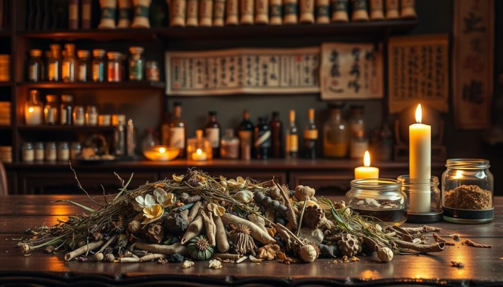 A serene, candlelit scene of a traditional Chinese medicine apothecary. In the foreground, a delicate arrangement of dried herbs, roots, and flowers spills across an ornate wooden table. Midground, a collection of antique glass jars filled with medicinal tinctures and powders. In the background, a wall-mounted shelf displays rows of ancient texts and scrolls. Soft, warm lighting casts a golden glow, evoking a sense of timeless wisdom and natural healing. The atmosphere is one of tranquility and reverence for the time-honored practices of Traditional Chinese Medicine.