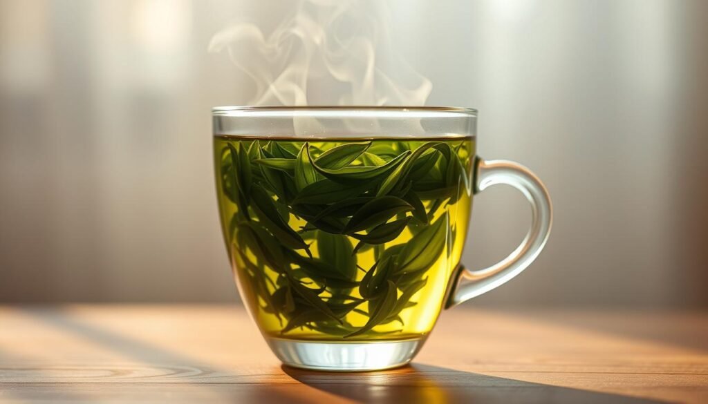 A serene, close-up shot of a glass teacup filled with steaming green tea, set against a soft, out-of-focus background. The tea leaves are vibrant and swirling, emanating a soothing, earthy aroma. Warm, diffused lighting bathes the scene, creating a calming, meditative atmosphere. The cup is placed on a wooden table, its natural grain and texture complementing the organic, holistic feel. This image evokes a sense of mindfulness, inviting the viewer to pause, breathe, and find balance amidst the demands of daily life.