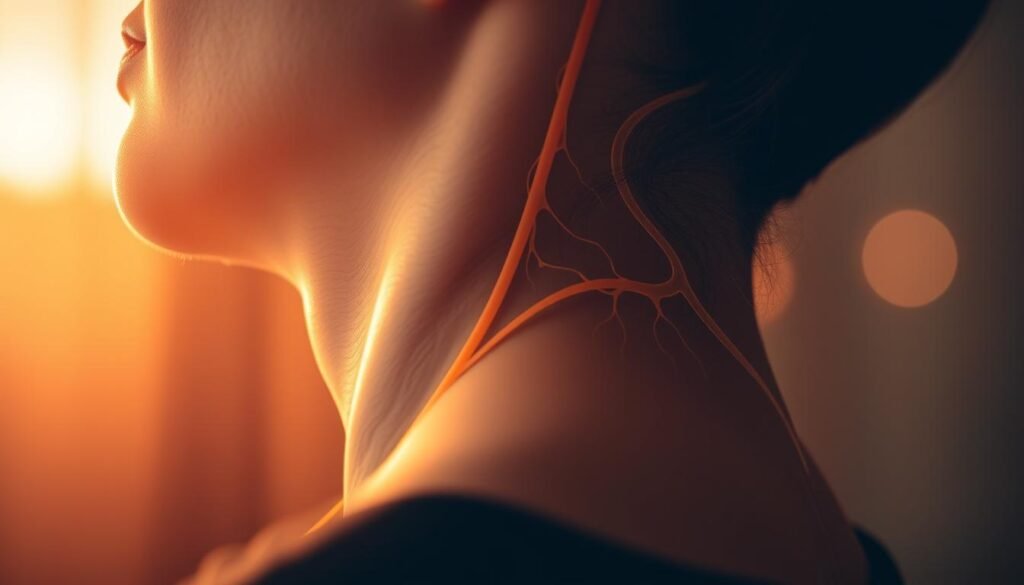 A serene, close-up view of a person's neck, capturing the intricate curves and contours of the vagus nerve. The image is bathed in warm, soft lighting, creating a calming, meditative atmosphere. The focus is on the middle ground, where the nerve can be seen running along the side of the neck, with the background slightly blurred to emphasize the subject. The lighting and composition suggest a sense of tranquility and relaxation, inviting the viewer to explore the science-backed techniques for stimulating the vagus nerve to achieve a state of calm.
