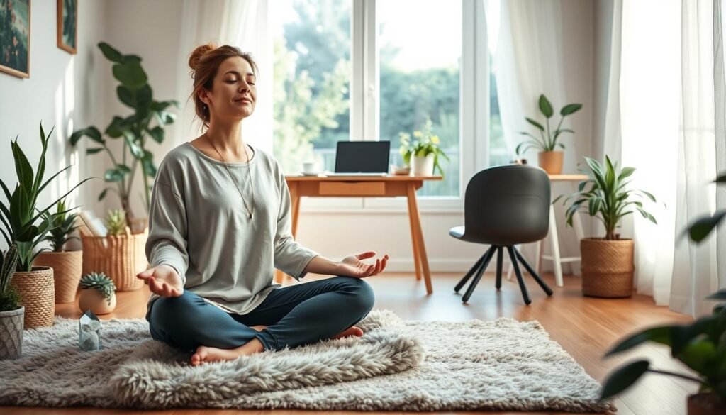A serene, cozy home interior with natural lighting. In the foreground, a woman sits cross-legged on a plush rug, eyes closed in meditation, surrounded by houseplants and crystals. In the middle ground, a desk with a laptop, journal, and a cup of tea. The background features a large window overlooking a peaceful garden. The overall atmosphere is calming, grounded, and conducive to mindful self-reflection. The woman is wearing comfortable, modest clothing that covers her body fully. Soft, warm tones predominate, creating a sense of tranquility and self-care.