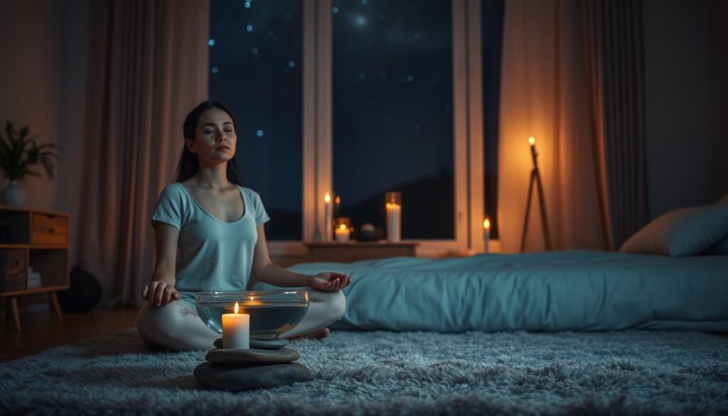 A serene, dimly lit bedroom scene. In the foreground, a woman sits cross-legged on a plush rug, her eyes closed in deep meditation. Soft candlelight flickers, casting a warm glow on her tranquil expression. In the middle ground, a small table holds a bowl of water, floating candles, and carefully arranged river stones. The background features a large window, through which the night sky is visible, stars twinkling softly. The overall atmosphere is one of profound inner calm and harmonious relaxation, inviting the viewer to experience the synergistic benefits of vagus nerve stimulation.