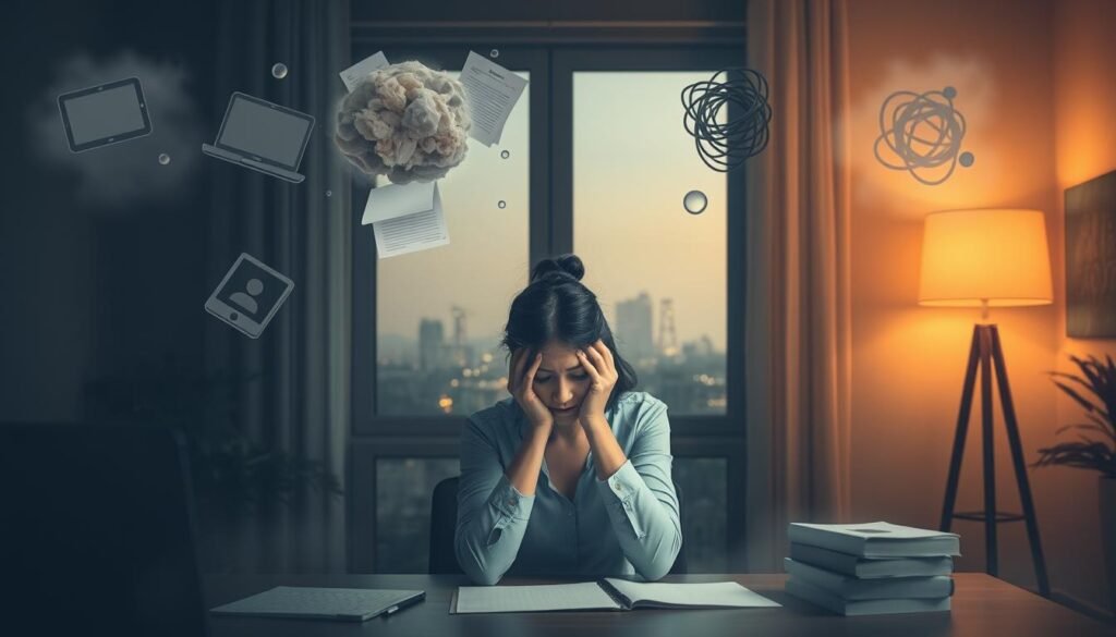 A serene, dimly lit interior scene depicting the common causes of brain fog in women. In the foreground, a woman sits at a desk, her head in her hands, expression weary. Surrounding her, floating ethereal images symbolize the sources of her mental haze: a swirling cloud of digital devices, a stack of paperwork, a tangle of stressed thoughts. The middle ground features a window overlooking a cityscape, the skyline shrouded in a soft, hazy glow. Warm, muted lighting casts a dreamlike atmosphere, underscoring the subject's mental state. The overall composition conveys a sense of overwhelm and cognitive fatigue experienced by many women.