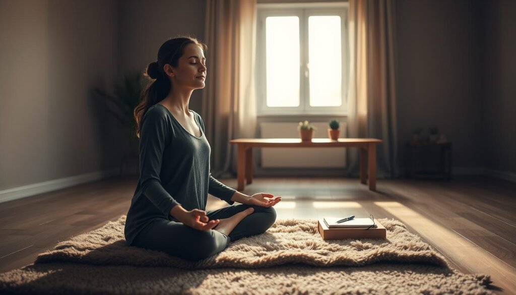 A serene, dimly lit room with soft, warm lighting. In the foreground, a woman sits cross-legged on a plush, neutral-toned rug, eyes closed in meditation. Her hands rest gently on her knees, and a look of calm focus adorns her face. Behind her, a large window allows natural light to filter in, casting a gentle glow on the scene. In the middle ground, a simple wooden table holds a few thoughtful items - a journal, a pen, and a small potted plant. The background features muted, earthy tones, creating a soothing, contemplative atmosphere. The overall mood is one of introspection, intention-setting, and a peaceful start to the day.