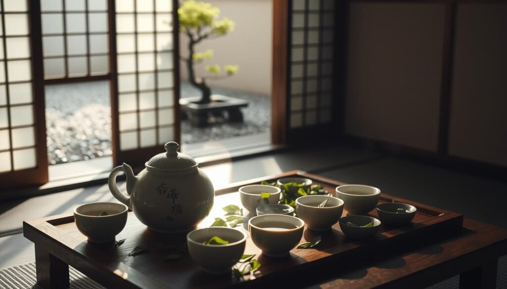A serene, dimly lit scene of a traditional Japanese tea ceremony. On a low wooden table, a delicate porcelain teapot and matching cups sit surrounded by fresh green tea leaves, gently steaming. Soft natural light filters in through a shoji screen, casting a warm, soothing glow. In the background, a zen garden with raked gravel and a single, elegant bonsai tree. The mood is one of tranquility and mindfulness, inviting the viewer to pause and savor the health benefits of this ancient, restorative beverage.