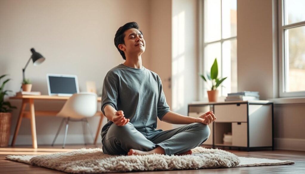 A serene home office with ample natural light, a tidy desk with a minimalist laptop setup, and a potted plant on the windowsill. A person in casual, comfortable attire sits cross-legged on a plush area rug, eyes closed in meditation, their face exuding a sense of calm and mental clarity. The background features muted, earthy tones that create a soothing ambiance, encouraging focus and mindfulness. Soft, diffused lighting from the window casts a warm glow, emphasizing the tranquil atmosphere. The overall scene conveys a lifestyle of intentional self-care and cognitive optimization.