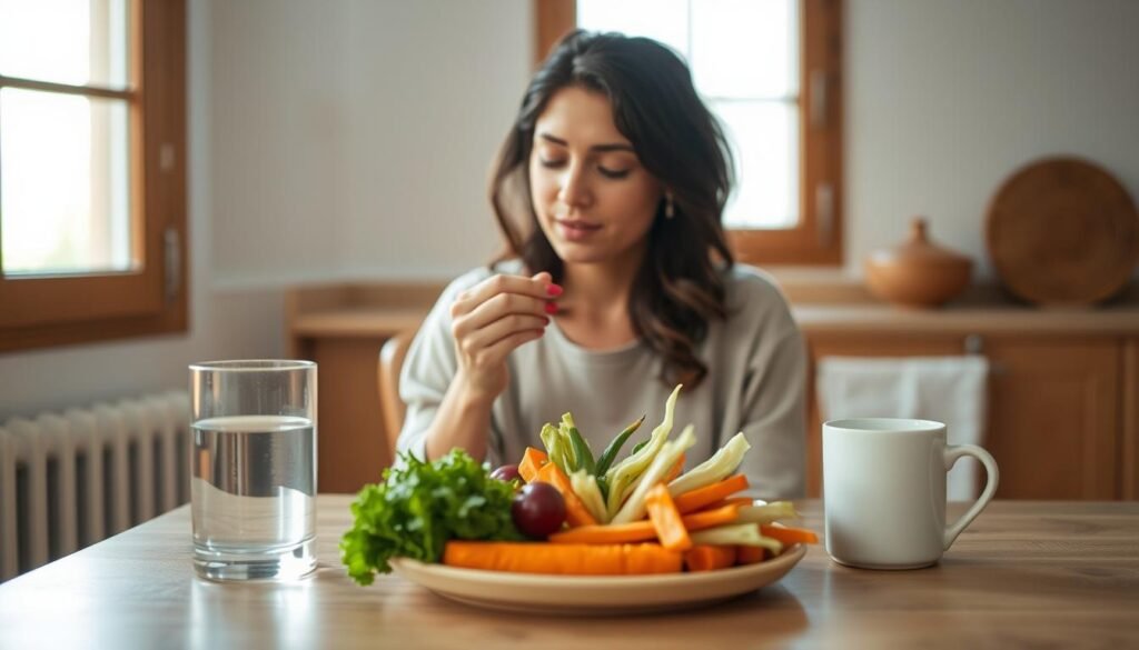 A serene kitchen scene with a woman sitting at a wooden table, engaged in the mindful act of eating. Soft natural light filters through a window, casting a warm glow on the table setting - a simple plate of fresh, colorful vegetables, a glass of water, and a calming tea cup. The woman's expression is one of tranquility, her focus entirely on the present moment as she savors each bite, her movements deliberate and intentional. The background is softly blurred, emphasizing the importance of this mindful, stress-reducing ritual. The overall mood is one of nourishment, both physical and mental, conveying the restorative power of mindful eating.