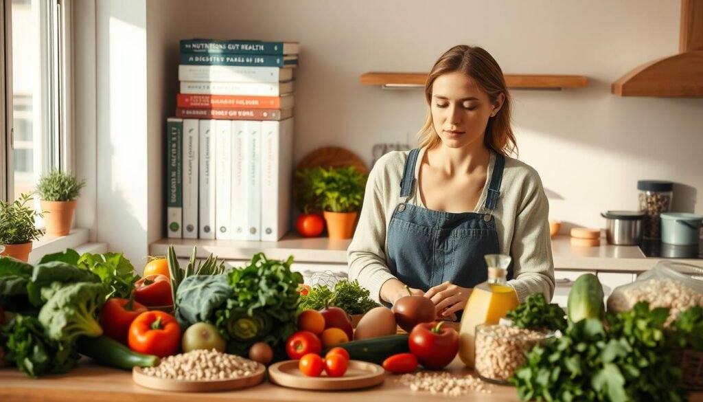 A serene kitchen setting, bathed in warm, natural lighting. On the countertop, an array of vibrant vegetables, whole grains, and digestive-friendly herbs and spices. A woman, clad in a modest, comfortable outfit, carefully selects and prepares these ingredients, her expression focused yet calming. In the background, a bookshelf holds volumes on gut health and nutritional strategies for managing IBS. The scene conveys a sense of mindful, nourishing food preparation, offering a visually compelling representation of dietary adjustments to alleviate IBS symptoms. A serene kitchen setting, bathed in warm, natural lighting. On the countertop, an array of vibrant vegetables, whole grains, and digestive-friendly herbs and spices. A woman, clad in a modest, comfortable outfit, carefully selects and prepares these ingredients, her expression focused yet calming. In the background, a bookshelf holds volumes on gut health and nutritional strategies for managing IBS. The scene conveys a sense of mindful, nourishing food preparation, offering a visually compelling representation of dietary adjustments to alleviate IBS symptoms.