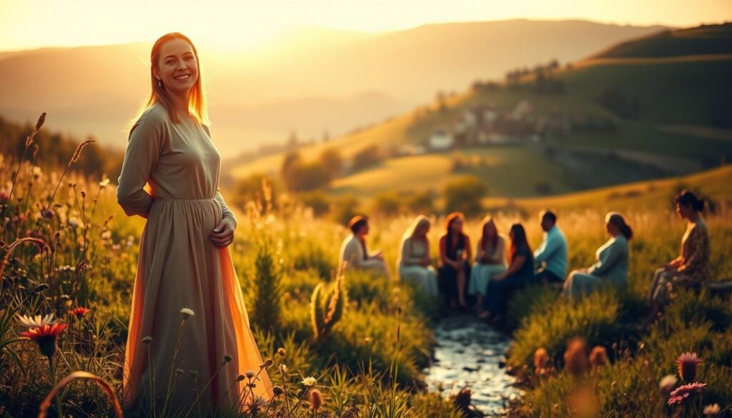 A serene meadow bathed in warm, golden light. In the foreground, a woman in a flowing, modest dress stands tall, her gaze radiating inner peace and contentment. She is surrounded by lush, vibrant flora - wildflowers, verdant grasses, and a gentle stream. In the middle ground, a group of people of diverse backgrounds sit in a circle, engaged in deep, thoughtful discussion. The background is a rolling, hilly landscape with a distant, idyllic village nestled between the hills. The overall atmosphere conveys a sense of harmony, connection, and a life guided by meaningful values.