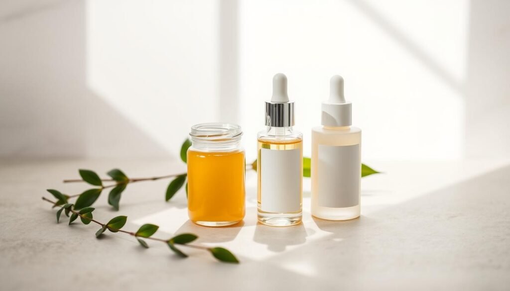 A serene, minimalist beauty still life. In the foreground, three glass jars filled with natural skincare products - a creamy cleanser, a nourishing serum, and a lightweight moisturizer. The jars are arranged on a muted, textured surface, casting soft shadows. The middle ground features a handful of fresh green leaves, adding a calming, organic touch. The background is bathed in soft, diffused natural light, creating a peaceful, tranquil atmosphere. The overall mood is one of simplicity, wellness, and self-care.