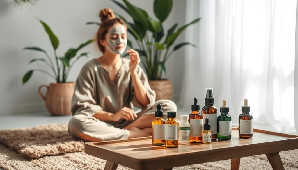 A serene, minimalist lifestyle scene showcasing healthy skin care tips. In the foreground, a woman dressed in comfortable, modest attire sits cross-legged on a plush, earth-toned rug, gently applying a nourishing face mask. Mid-ground, an assortment of natural skin care products - oils, creams, and serums - are artfully arranged on a wooden table, bathed in soft, diffused lighting. In the background, a tranquil indoor plant-scape creates a calming, spa-like atmosphere. The overall mood is one of relaxation, self-care, and radiant, glowing skin.
