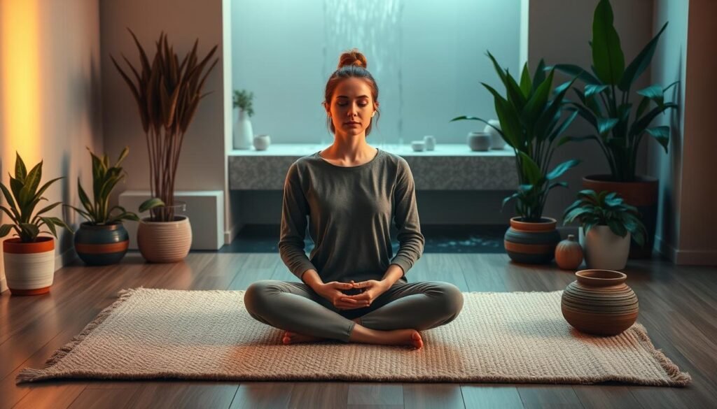 A serene, minimalist scene depicting a person practicing calm, mindful techniques to avoid common mistakes when stimulating the vagus nerve. The subject sits cross-legged on a soft, textured rug, surrounded by soothing natural elements like potted plants and a gentle waterfall in the background. Warm, diffused lighting creates a tranquil atmosphere, while the person's expression conveys deep focus and relaxation. The overall composition emphasizes the importance of creating a peaceful environment to effectively engage the vagus nerve and relieve stress.