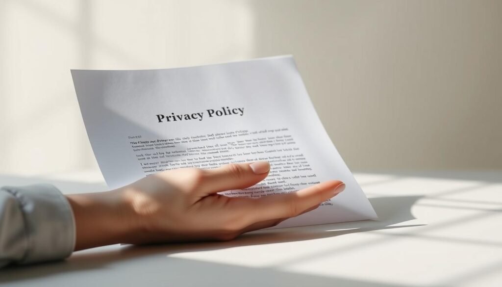 A serene, minimalist scene depicting a privacy policy document. In the foreground, a delicate hand gently unfolds the crisp, white pages, revealing the elegant, typeset text. The background is bathed in soft, natural lighting, creating a calming atmosphere. The overall composition suggests a sense of care, attention, and respect for the importance of data privacy. The image should convey the essence of "privacy policy essentials" - a thoughtful, considered approach to protecting sensitive information.