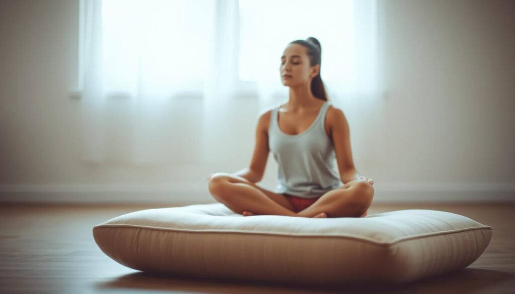 A serene, minimalist scene of a person practicing mindfulness meditation. In the foreground, a person sits cross-legged on a plush, neutral-toned meditation cushion, their eyes closed and their hands resting lightly on their lap. Soft, natural lighting filters in from an unseen window, casting a warm, soothing glow on the scene. The background is a blurred, calming space, perhaps a simple, uncluttered room or a serene outdoor setting. The overall mood is one of tranquility, focus, and inner calm, reflecting the benefits of mindfulness practice.